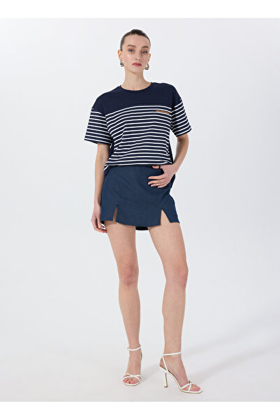 Fabrika Lacivert - Beyaz Kadın Bisiklet Yaka Loose Fit T-Shirt BORI