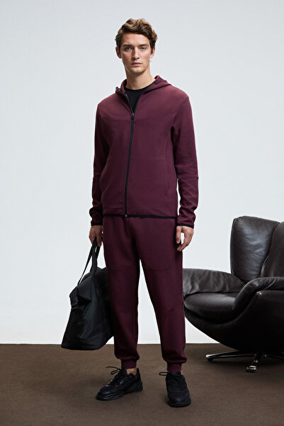 GRIMELANGE Gelido Men's Elastic Waist Cuff Cuff Cuff Karyoka Stitched Printed Burgundy Sweatpants