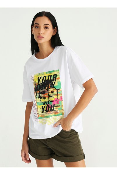 Fabrika Sports Crew Neck Printed White Women's T-Shirt S-Sumere