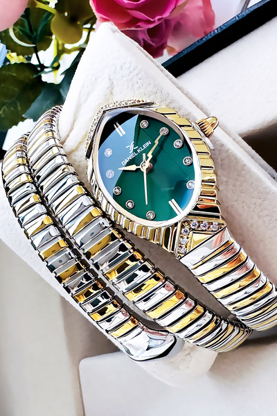 Daniel Klein Snake Watch Model - Women's Wristwatch, Waterproof Gold Green Steel Band - Bracelet Gift Gdkb2011C2