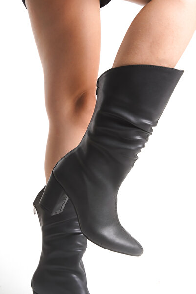 Limeo Women's Back Zipper Drawstring Detailed Thick High Heeled Medium Size Black Boots