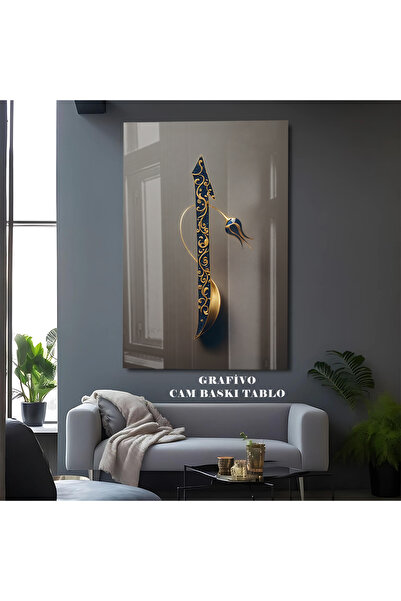 GRAFİVO İSLAMİ CAM TABLO - ELİF HARFİ HAT YAZISI - ALTIN DESENLİ MANEVİ DEKORATİF DUVAR TABLOSU