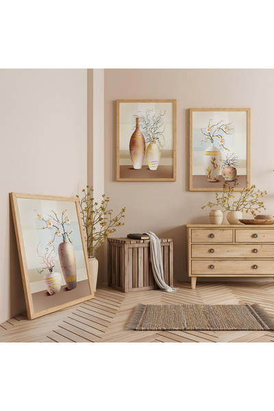 Zevahir Mobilya Dekorasyon Ahşap Çerçeveli Üç Vazo Tek Hikaye Üçlü Ahşap Tabl...