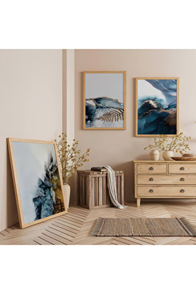 Zevahir Mobilya Dekorasyon Set de pictură triplă pe lemn Deep Blues cu rame d...