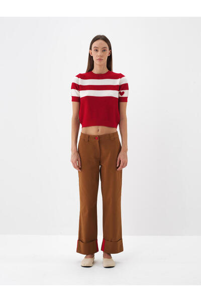 Xint Kadın Kırmızı Yünlü Çizgili Kazak