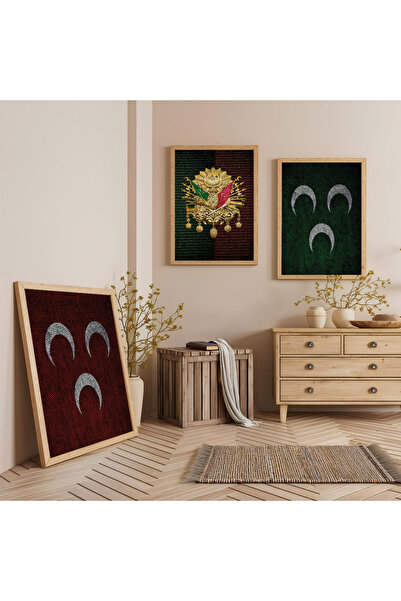 Zevahir Mobilya Dekorasyon Ahşap Çerçeveli Üç Hilal Ve Osmanlı Tuğrası Üçlü A...