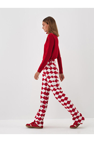 Xint Kadın Kırmızı Yünlü Balıkçı Yaka Düz Kazak