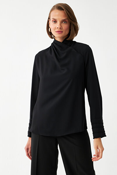 NAGRADA Kadın Siyah Drapeli Yaka Bluz