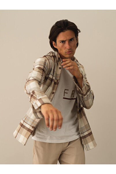 Xint Erkek Bej Pamuklu Regular Fit Ekose Gömlek