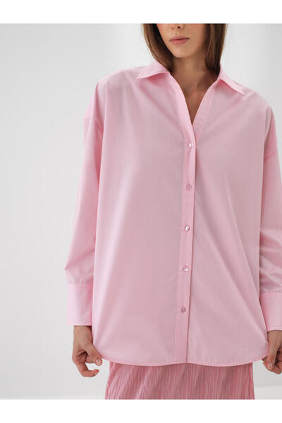 Xint Kadın Pembe Pamuk Dokulu Oversize Gömlek