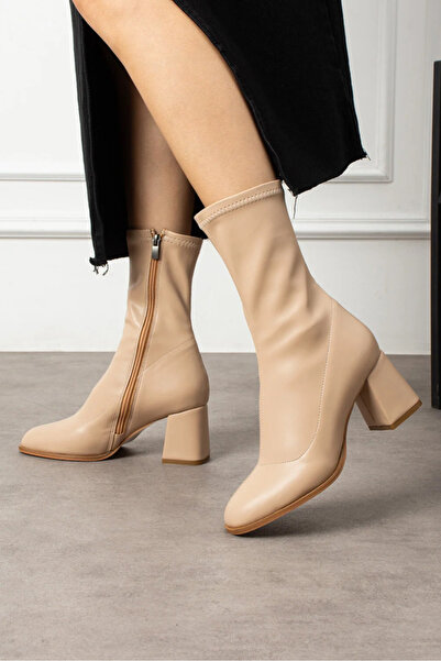 Güllü Shoes Μπεζ Stretch Μπότες Γυναικείες με χοντρό τακούνι με φερμουάρ Άνετες καθημερινές και κομψές μπότες με τακούνι Vegan για συνδυασμούς