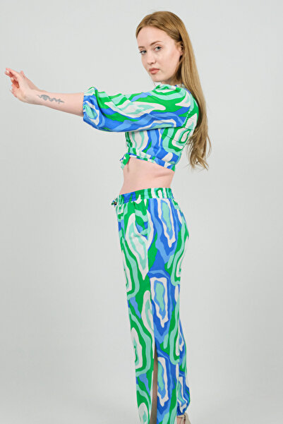 SİDE OTANTİK Tie-Up Double-Breasted Crop Blouse & Elasticated Leg Jogger Pants – Patterned Viscose Two-Piece Set