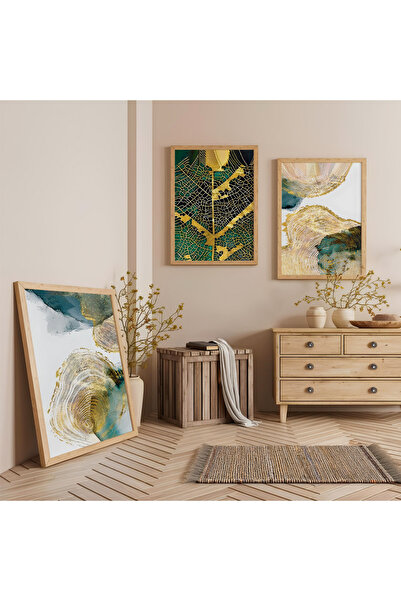 Zevahir Mobilya Dekorasyon Set de pictură triplă pe lemn cu rame din lemn, cu o notă de verde