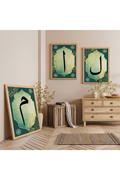 Zevahir Mobilya Dekorasyon Set de pictură din lemn cu rama din lemn Elif Vav Mim Dină, triplu din lemn