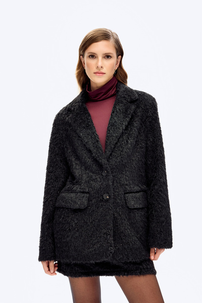Quzu Tüylü Dokulu Oversize Blazer Ceket Siyah