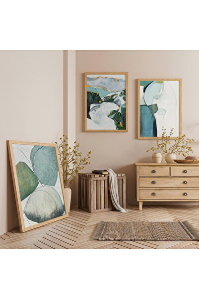 Zevahir Mobilya Dekorasyon Ahşap Çerçeveli Mavi Dokunuşlar Üçlü Ahşap Tablo Seti