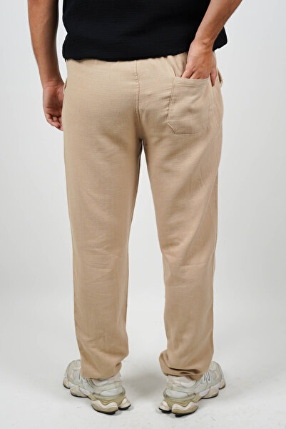 SİDE OTANTİK Unisex Regular Fit Beli Lastikli Bağcıklı Arka Cepli Gabardin Krem Pantolon