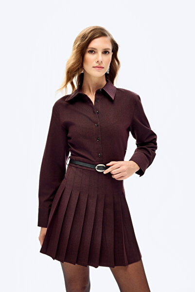 Quzu Pileli Kemerli Mini Gömlek Elbise Kahverengi