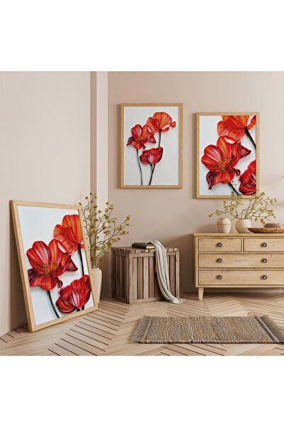 Zevahir Mobilya Dekorasyon Ahşap Çerçeveli Kırmızı Çiçek Üçlü Ahşap Tablo Seti