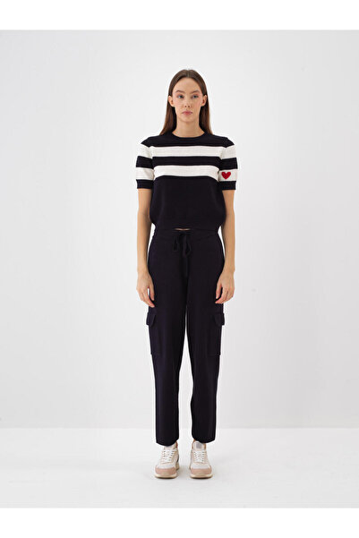 Xint Kadın Lacivert Yünlü Çizgili Kazak