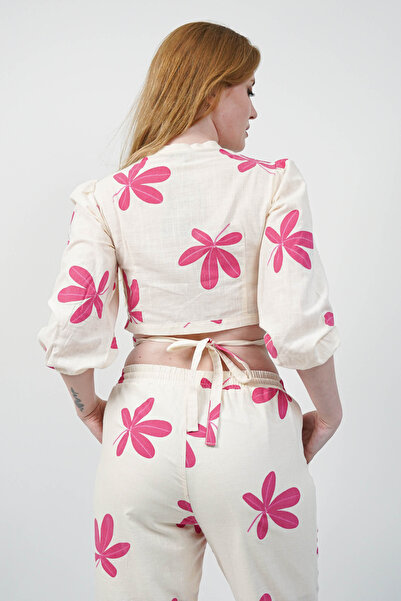 SİDE OTANTİK Flam Linen Floral Pattern Tie-Up Double Breasted Crop Blouse & Elasticated Leg Jogger Pants Two-Piece Set