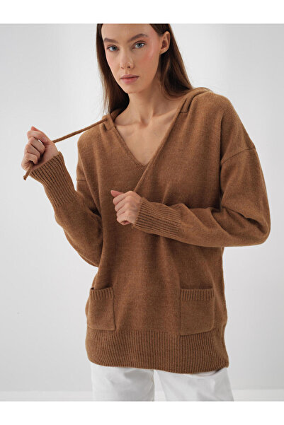 Xint Kadın Camel Mohair Kapüşonlu Kazak