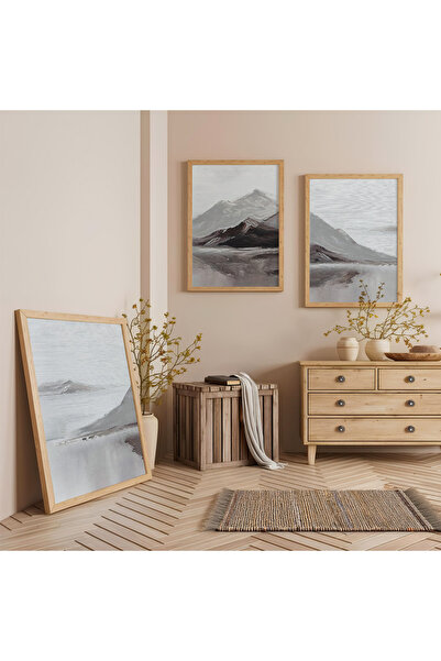Zevahir Mobilya Dekorasyon Ahşap Çerçeveli Dağ Üçlü Ahşap Tablo Seti