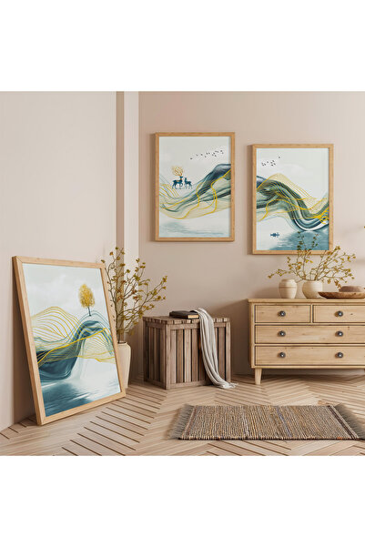 Zevahir Mobilya Dekorasyon Ahşap Çerçeveli Doğanın Akışı Üçlü Ahşap Tablo Seti