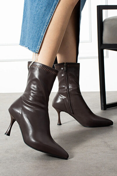 Güllü Shoes Cizme elastice maro pentru femei, cu toc subțire, cu fermoar, con...