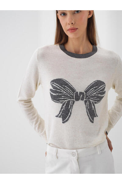 Xint Kadın Ekru Yünlü Baskılı Kazak