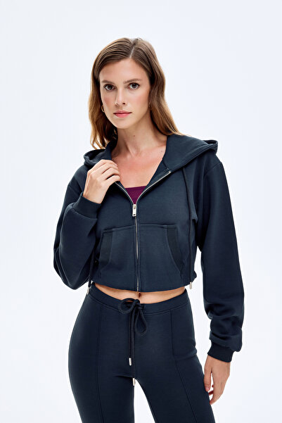 Quzu Hooded Zippered Basic Sweatshirt Navy Blue