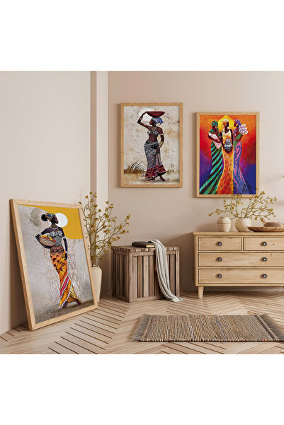 Zevahir Mobilya Dekorasyon Ahşap Çerçeveli Afrikalı Kadınlar Üçlü Ahşap Tablo...