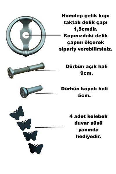 HOMDEP Dürbünlü Çelik Kapı Halka Model Taktak Tokmağı Delik Çapı 1,5cm Renk: Saten