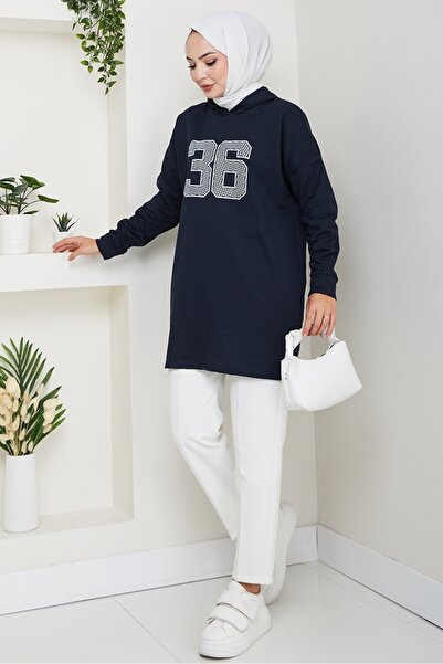 Bestenur Kapüşonlu Baskılı Tesettür Tunik 1214 - Lacivert