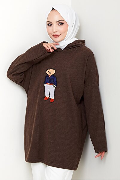 Bestenur Asiya Oversize Bear Embroidered Hooded Tunic 1335 - Brown
