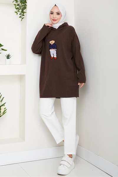 Bestenur Asiya Oversize Bear Embroidered Hooded Tunic 1335 - Brown