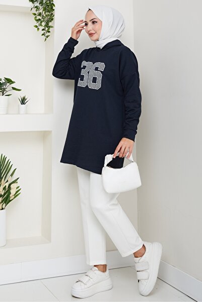 Bestenur Kapüşonlu Baskılı Tesettür Tunik 1214 - Lacivert