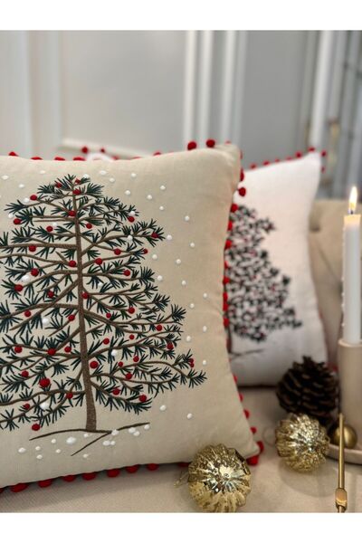 busrasdesign Pine Embroidered Small Pompom Beige Throw Pillow Cover