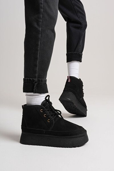 Esilapark heribo μαύρες γυναικείες μπότες από σουέτ με επένδυση από μαλλί, χοντρή σόλα με κορδόνια, γούνινες μπότες από σουέτ πολυτελείας