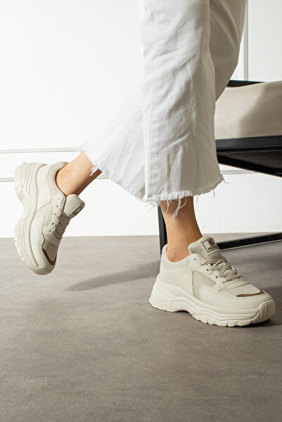 NAVİSHOES Ecru Women's Lace-Up Sports Shoes Sneaker 140Nav