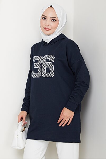 Bestenur Kapüşonlu Baskılı Tesettür Tunik 1214 - Lacivert