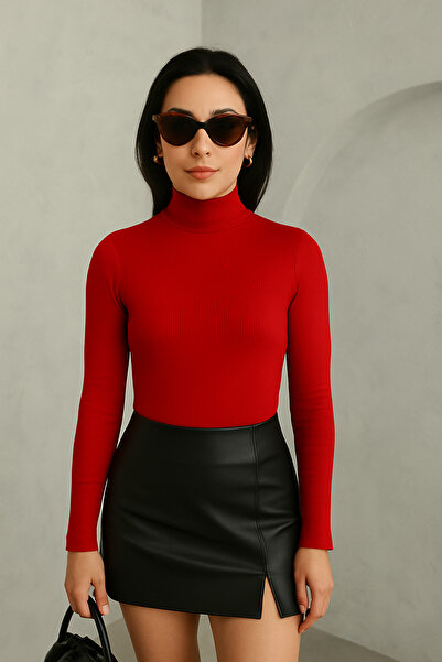 MERİCEY Γυναικεία μπλούζα καμιζόλ με μισό ζιβάγκο με κόκκινο ραβδί