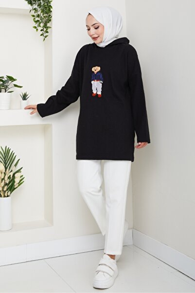 Bestenur Asiya Oversize Bear Embroidered Hooded Tunic 1335 - Black