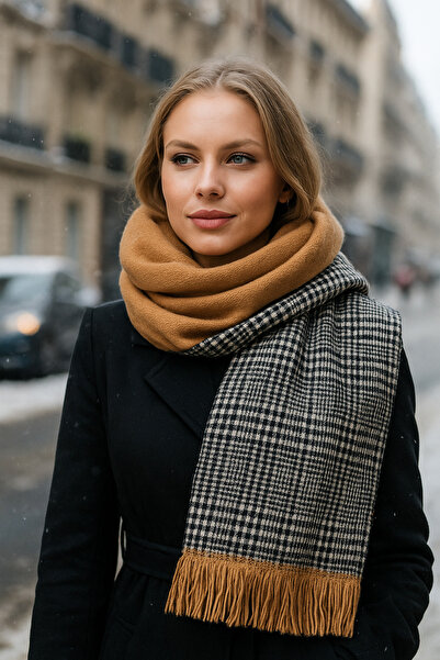 Luminos Butik Χειμερινό κασκόλ με καρό σχέδιο Camel - Σχεδιασμένο με κομψότητα και ζεστασιά Sal1212