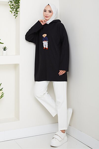 Bestenur Asiya Oversize Bear Embroidered Hooded Tunic 1335 - Black