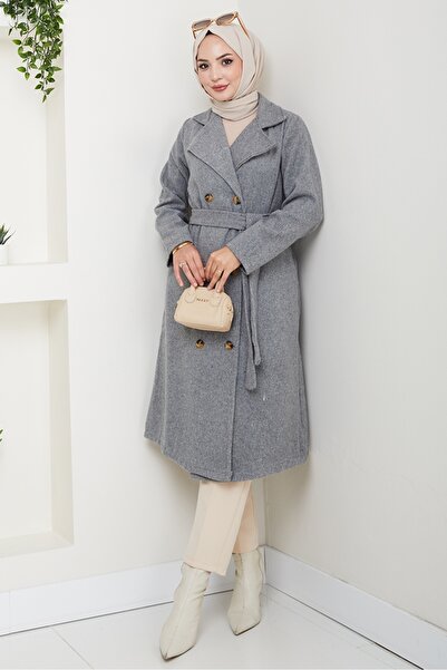 Bestenur Feral Belted Cashew Coat 1306 - Gray