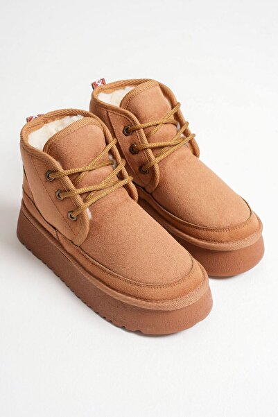 Esilapark heribo kadın taba içi yünlü kalın tabanlı bağcıklı lukury süet bot