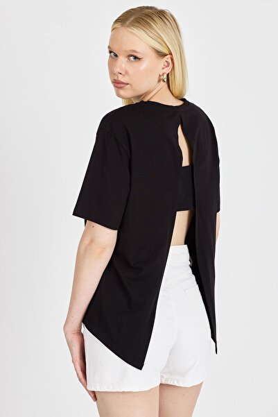 odelon Women's Back Detailed 100% Cotton Black T-Shirt