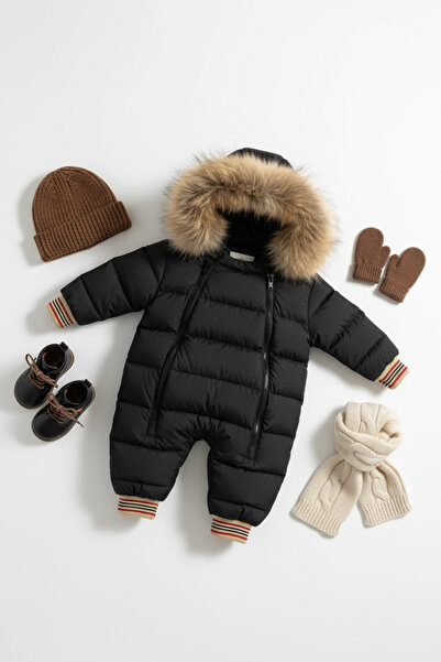 HÇ Hülya Çelik KİDSWEAR 2018 Astonot Tulum Çift Fermuarlı Kürk Kapüşonlu Siya...