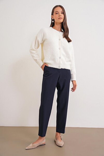 Mixray 6902 Women's Bearded Basic Soft Textured Knitwear Cardigan Ecru